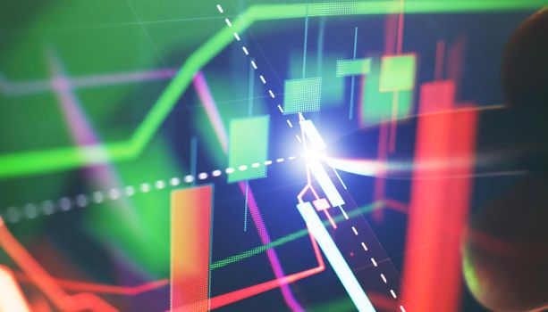 Technical price graph and indicator, red and green candlestick chart on blue theme screen, market volatility, up and down trend. Stock trading, crypto currency background.