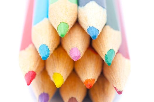 Multicolored points of coloring pencils, facing camera