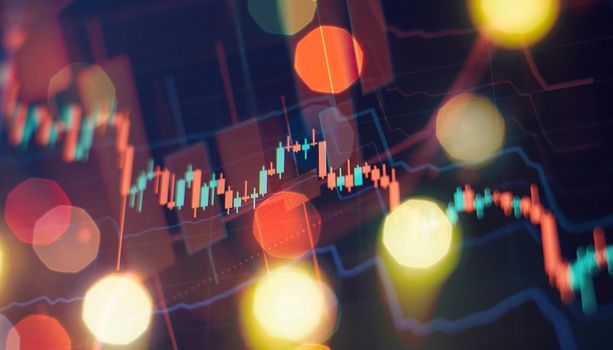 Technical price graph and indicator, red and green candlestick chart on blue theme screen, market volatility, up and down trend. Stock trading, crypto currency background.