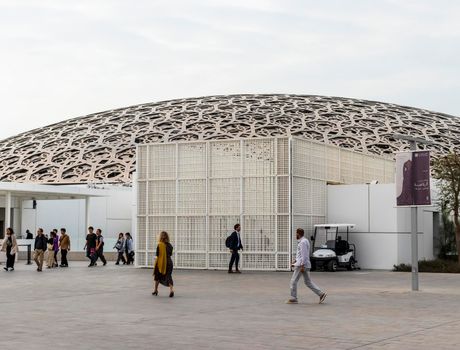 Abu Dhabi, UAE - 02.11.2020 - Visitors in the front of Louvre museum.