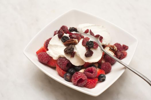 Bowl of fresh fruit with assorted berries and raisins topped with healthy plain yoghurt for a scrumptious dessert or breakfast