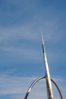 Detail of the metal and enamel pointed arrow column and the hoop of the Alliance sculpture, Cardiff, Wales