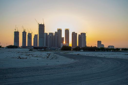 Sunrise in Jadaf area of Dubai, view of Dubai creek Harbor construction of which is partially completed. Outdoors
