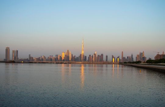Sunrise over a skyline of a beautiful city of Dubai. Shot made in Jadaf area of the city. UAE. Outdoors