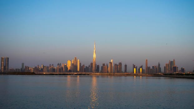 Sunrise over a skyline of a beautiful city of Dubai. Shot made in Jadaf area of the city. UAE. Outdoors