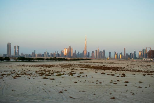 Sunrise over a skyline of a beautiful city of Dubai. Shot made in Jadaf area of the city. UAE. Outdoors