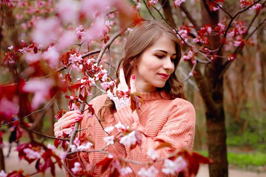 Beautiful woman in pink clothes standing under pink blossom Sakura. Copy space