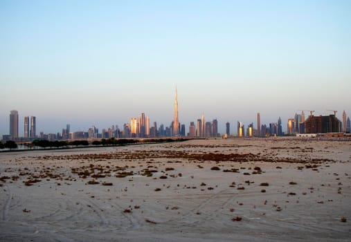 Sunrise over a skyline of a beautiful city of Dubai. Shot made in Jadaf area of the city. UAE. Outdoors