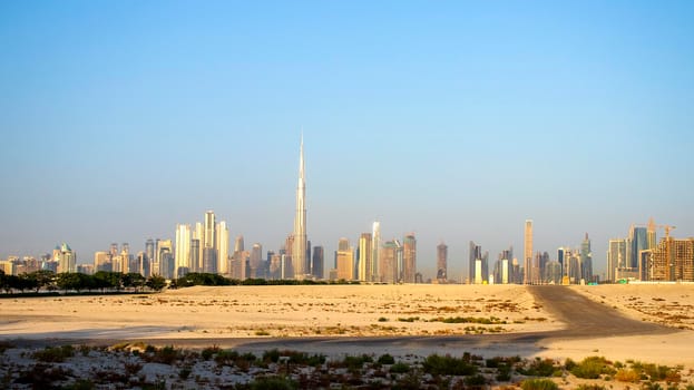 Sunrise over a skyline of a beautiful city of Dubai. Shot made in Jadaf area of the city. UAE. Outdoors