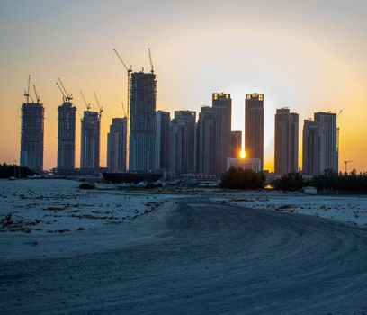 Sunrise in Jadaf area of Dubai, view of Dubai creek Harbor construction of which is partially completed. Outdoors