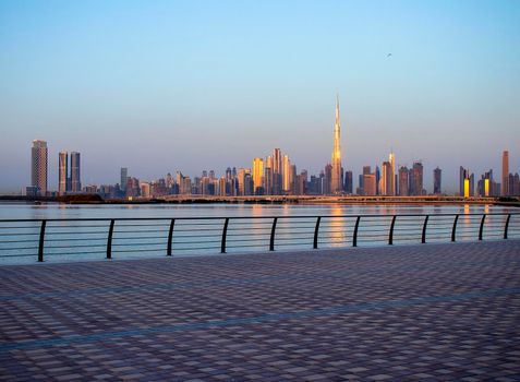 Sunrise over a skyline of a beautiful city of Dubai. Shot made in Jadaf area of the city. UAE. Outdoors