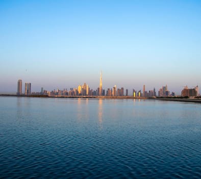 Sunrise over a skyline of a beautiful city of Dubai. Shot made in Jadaf area of the city. UAE. Outdoors