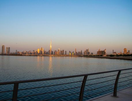 Sunrise over a skyline of a beautiful city of Dubai. Shot made in Jadaf area of the city. UAE. Outdoors