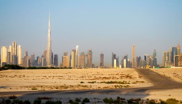 Sunrise over a skyline of a beautiful city of Dubai. Shot made in Jadaf area of the city. UAE. Outdoors