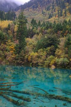 Cyan blue mountain lake surrounded by forests with mountain peaks and mist in the background in a stunning natural background