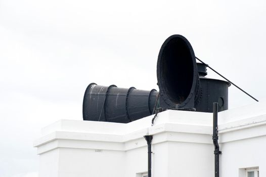 Large foghorns at Whitby South Lighthouse to warn of the danger of a reef close to the harbour entrance when visibility is reduced by fog