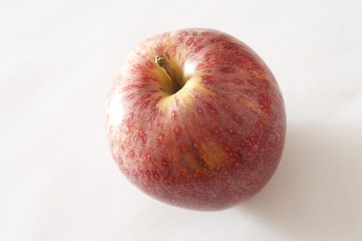 Fresh red apple on a white background viewed from above with focus to the stalk