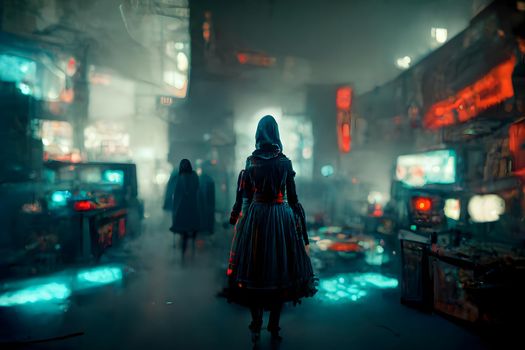 cyberpunk witches hideout in foggy hacker place, neural network generated art. Digitally generated image. Not based on any actual scene or pattern.