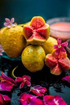 Raw organic guava or amrut or amarood in Hindi language on black shinny surface in a blue-colored plate with some rose petals.