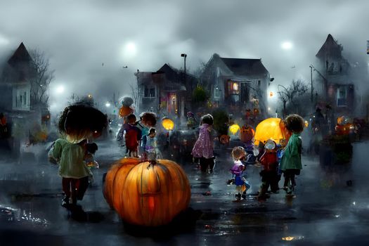 kids playing on night halloween street, american neighborhood background, neural network generated art. Digitally generated image. Not based on any actual scene or pattern.