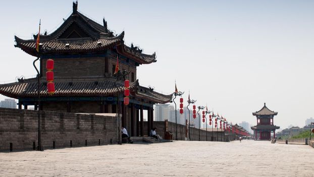 Xian ancient city wall with pagodas.