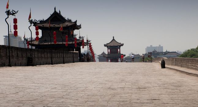 Xian ancient city wall with pagodas.