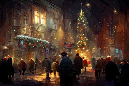 night crowded christmas european town street, neural network generated art. Digitally generated image. Not based on any actual scene or pattern.