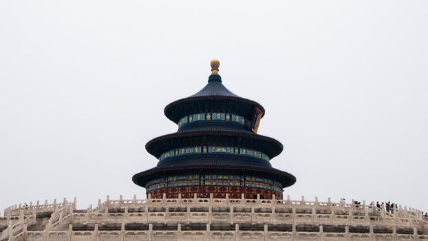 Facade and roofs details, Temple of Haven in Beijing. Imperial palace in China.