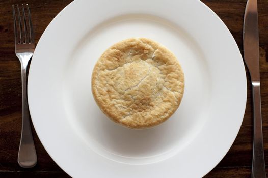 Freshly baked pastry meat pie with a flaky golden crust on a plain white plate viewed from above