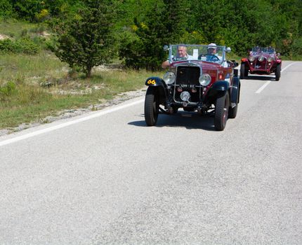 URBINO - ITALY - JUN 16 - 2022 : FIAT 514 S 1931 on an old racing car in rally Mille Miglia 2022 the famous italian historical race (1927-1957