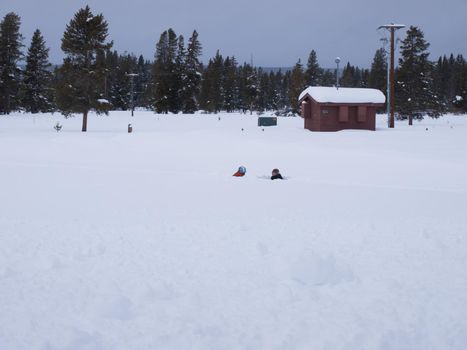 Kids playing in the snow at the Great Teton national park.