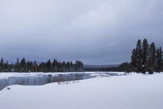 Winter landscape with frozen river in the Great Teton national park.