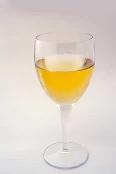 Close up side view of a single glass of white wine over a grey studio background with copyspace