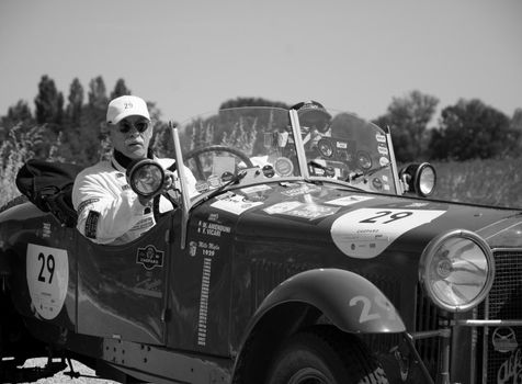 URBINO - ITALY - JUN 16 - 2022 : ALFA ROMEO 6C 1500 SS MM 1928 on an old racing car in rally Mille Miglia 2022 the famous italian historical race (1927-1957