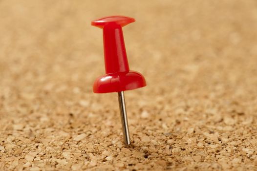 Close up Single Red Sharp Marker Pin Pinned on a Brown Textured Cork Board