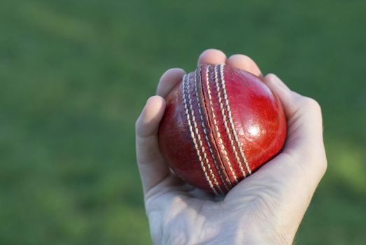 a male hand holding a cricket ball ready to bowl to the batter