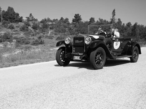 URBINO - ITALY - JUN 16 - 2022 : FIAT 520 1929 on an old racing car in rally Mille Miglia 2022 the famous italian historical race (1927-1957