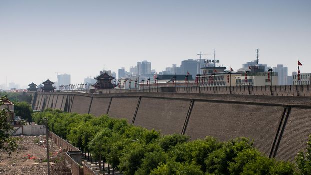 Xian ancient city wall with pagodas.