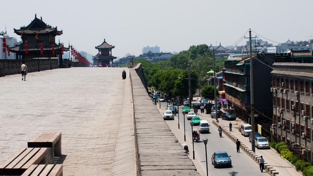 Xian ancient city wall with pagodas.