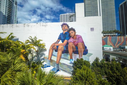 Miami, Florida, USA, March 30 2022: Miami downtown murals by famous author Case Maclaim on building walls. Miami is famous by colorful murals all over city.