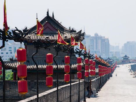 Xian ancient city wall with pagodas.