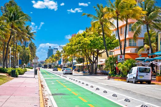 Colorful street of Miami Beach Ocean Drive architecture view, Florida state of USA