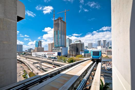 Miami downtown skyline and futuristic mover train view, Florida state, United States of America