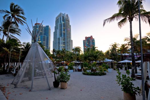 Miami Beach palm park and skyscrapers dusk view, Florida State of USA