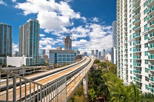 Miami downtown skyline and futuristic mover train view, Florida state, United States of America