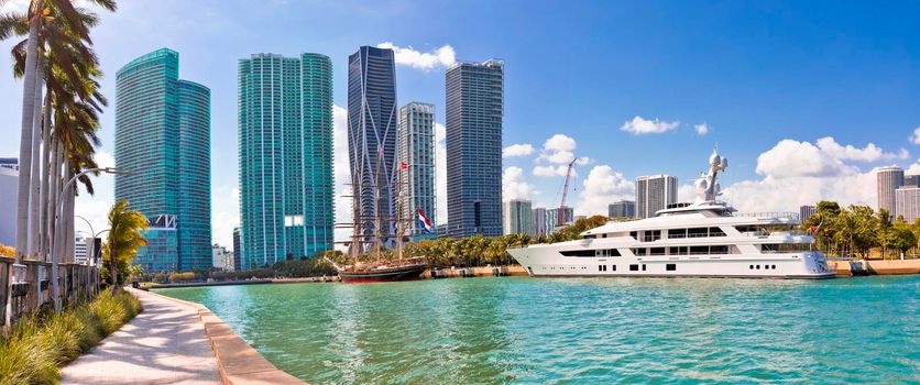 Miami yachting harbor and waterfront skyscrapers view, Florida state of USA