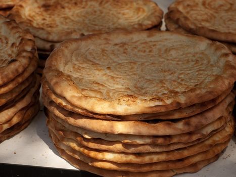 Stach of flat bread on the market in Xian, China.