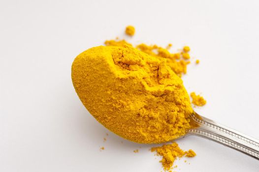 Silver teaspoon heaped with ground dried turmeric powder over a white background with copy space