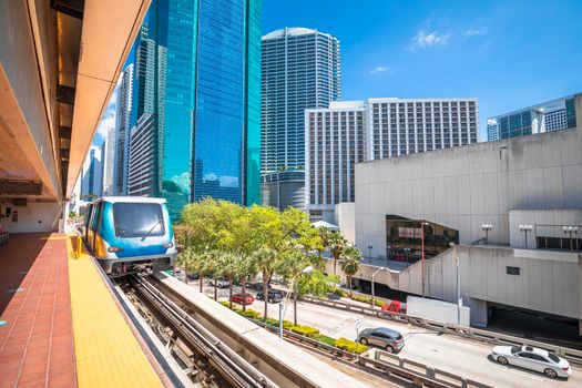 Miami downtown skyline and futuristic mover train view, Florida state, United States of America