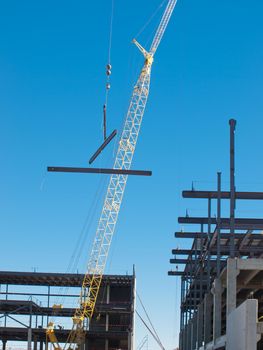 Construction site of the new retail building. Steel frame construction.